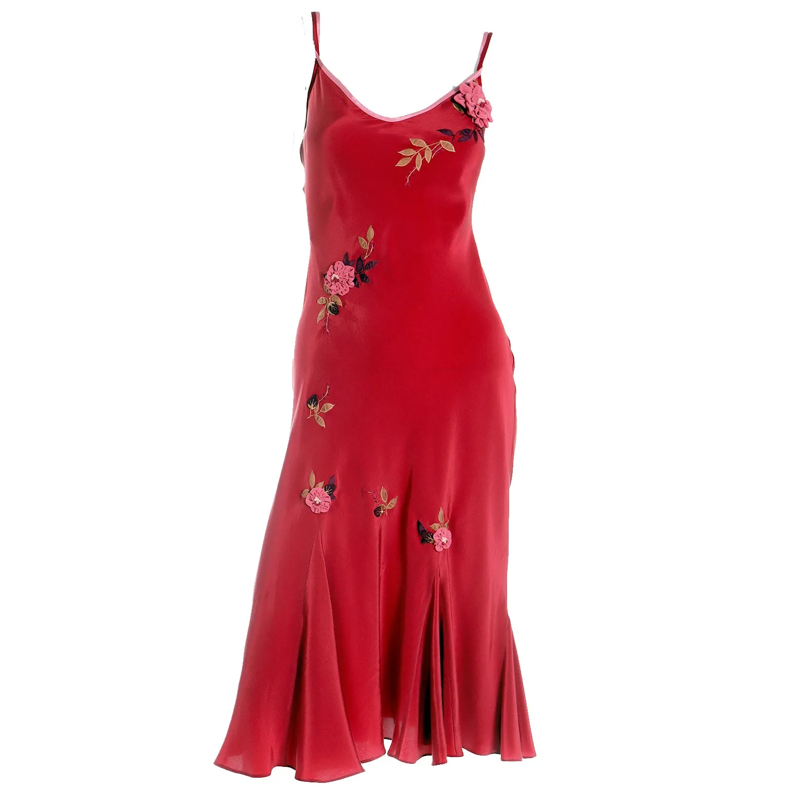 1990s Betsey Johnson Bias Cut Red Slip Dress w Pink Flowers & Embroidery