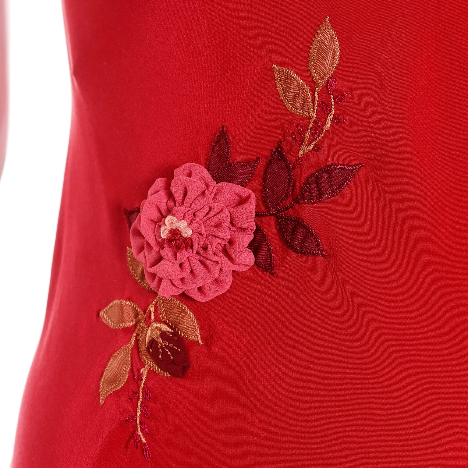 1990s Betsey Johnson Bias Cut Red Slip Dress w Pink Flowers & Embroidery