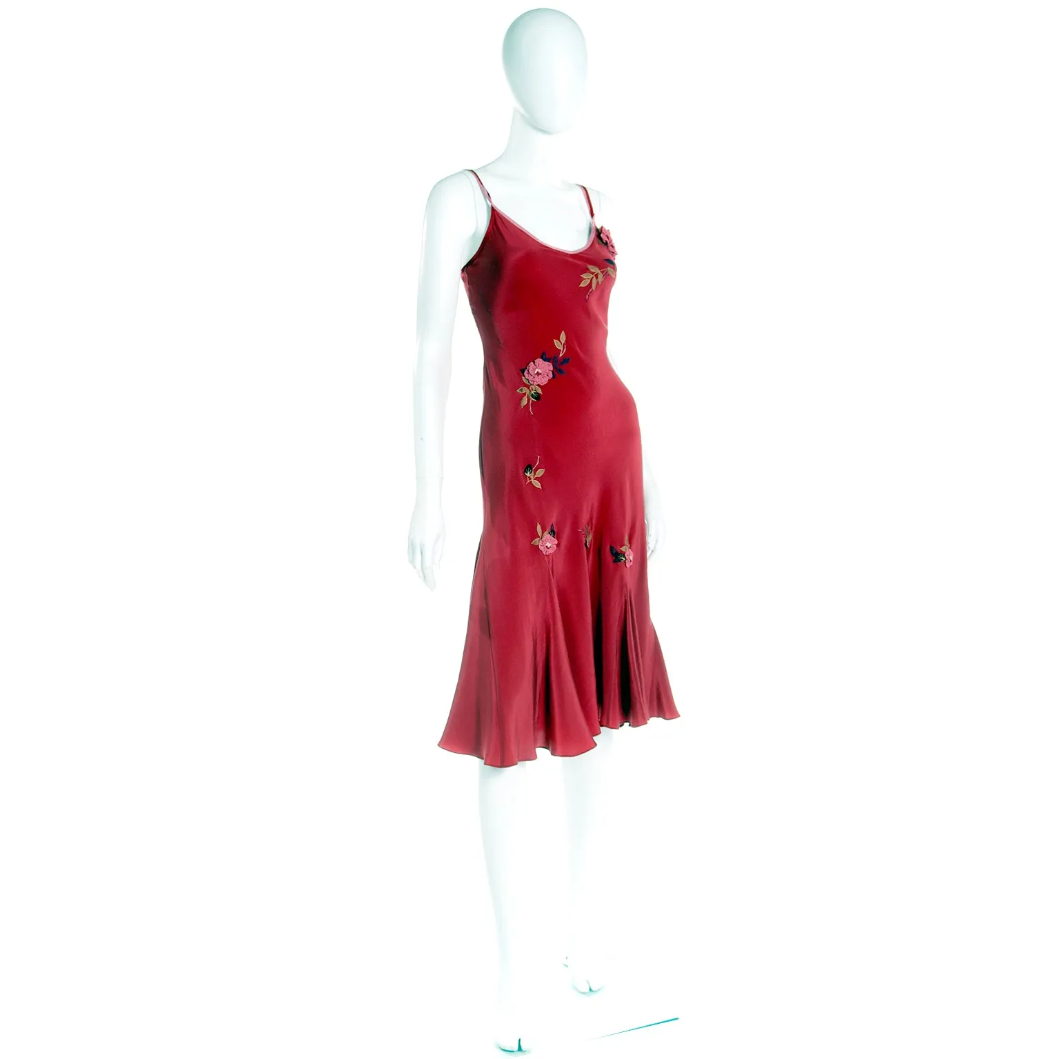 1990s Betsey Johnson Bias Cut Red Slip Dress w Pink Flowers & Embroidery