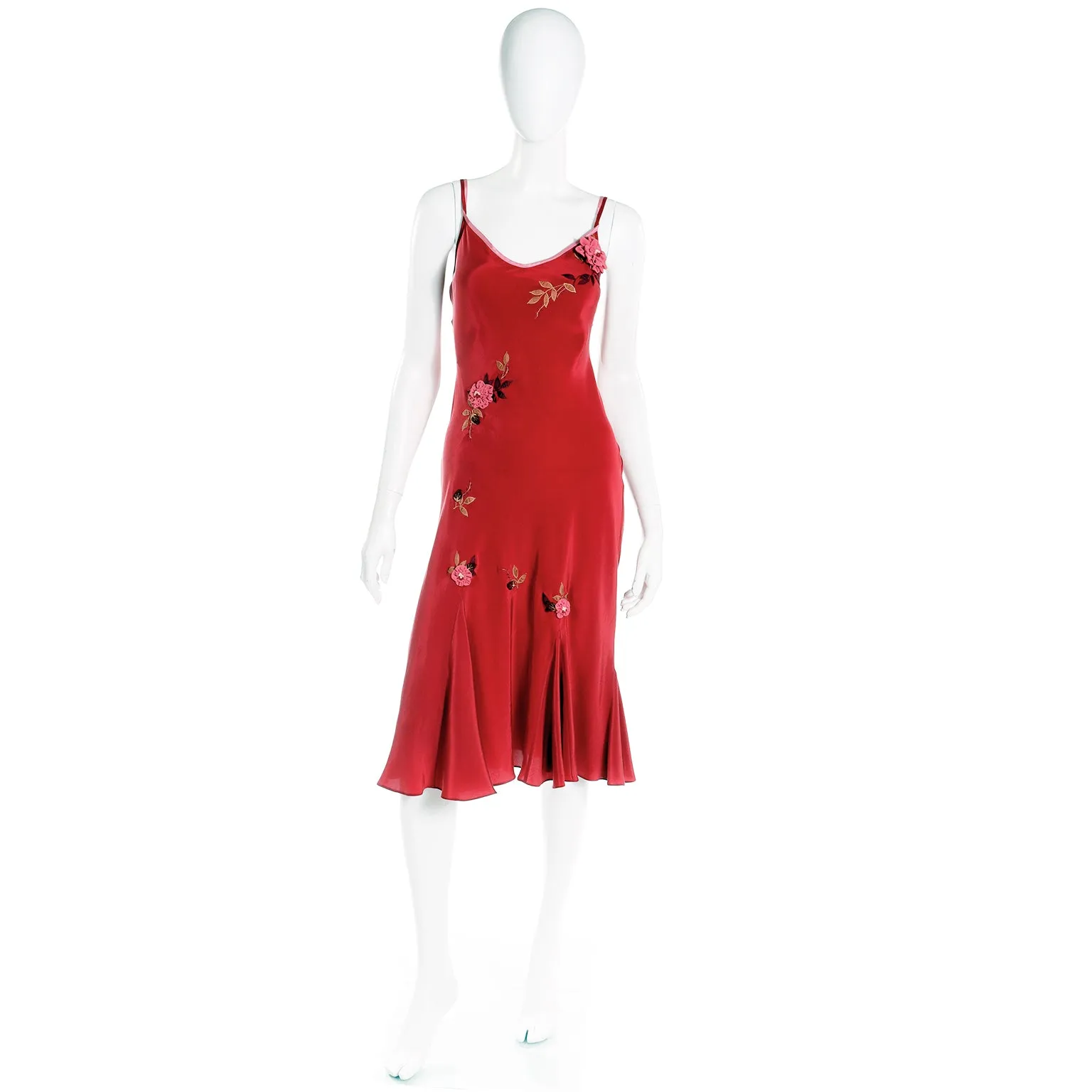 1990s Betsey Johnson Bias Cut Red Slip Dress w Pink Flowers & Embroidery