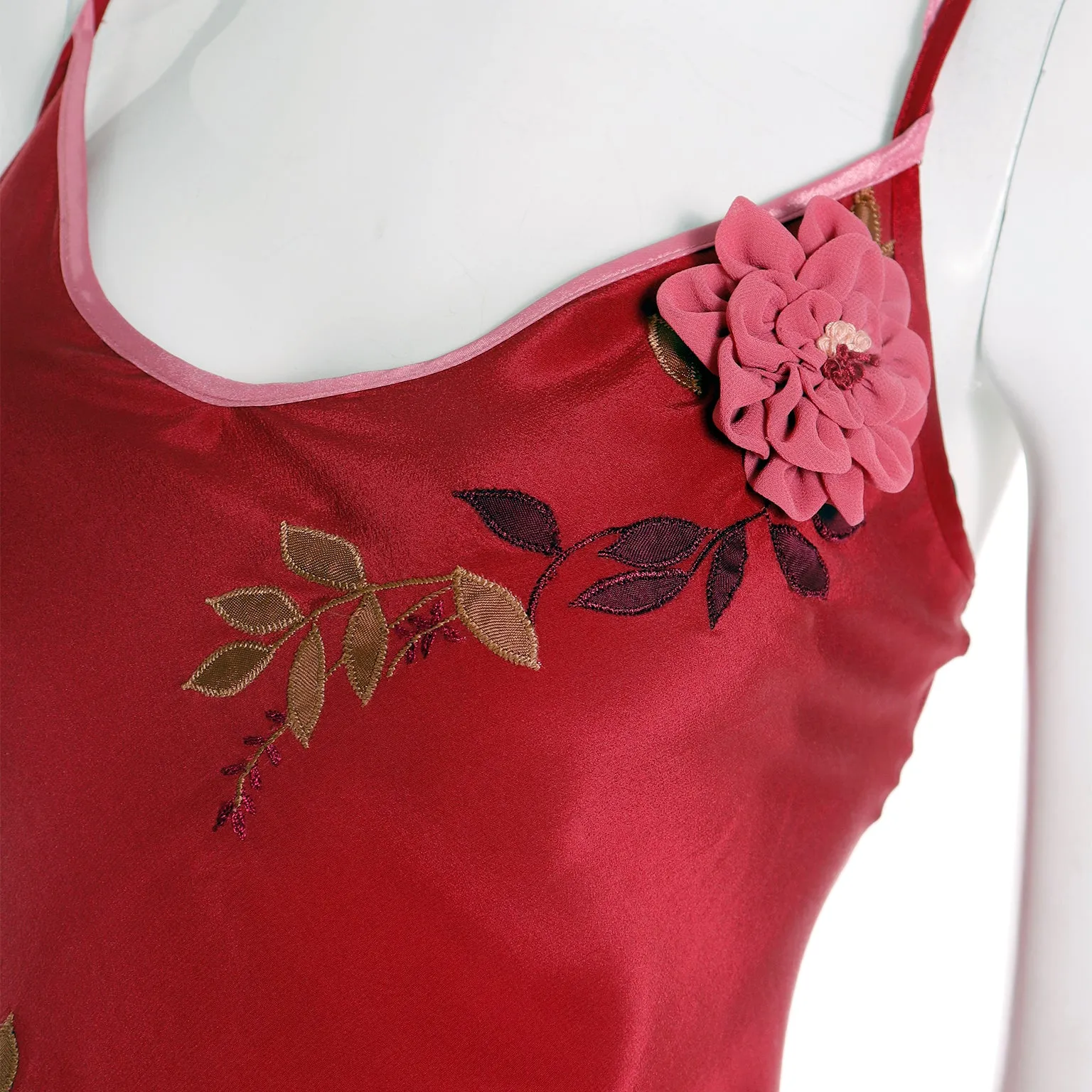 1990s Betsey Johnson Bias Cut Red Slip Dress w Pink Flowers & Embroidery