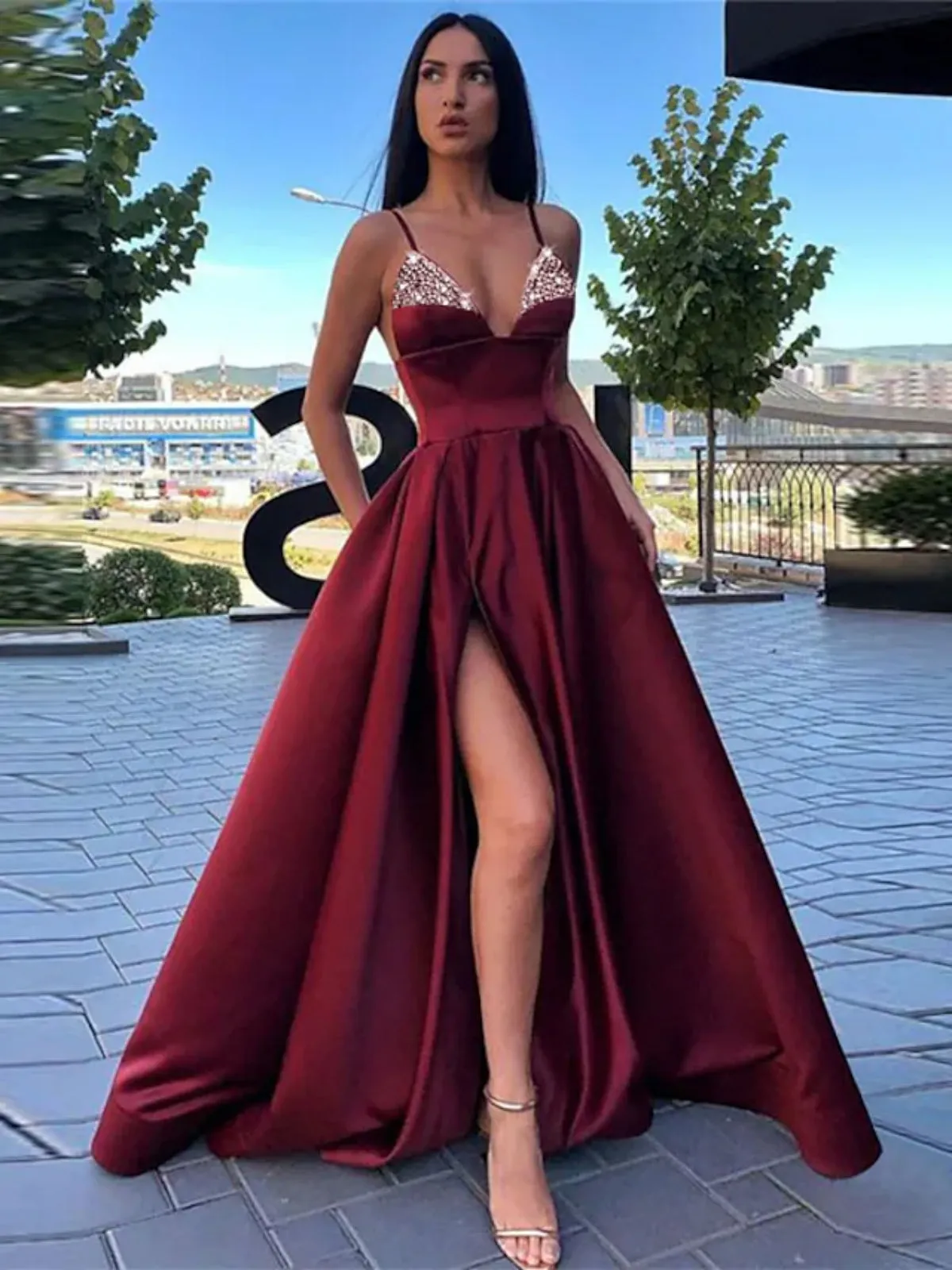 A Line V Neck Blue/Black/Red/Burgundy Satin Long Prom Dresses with Sequins, Long Blue/Black/Red/Burgundy Formal Evening Dresses with High Slit