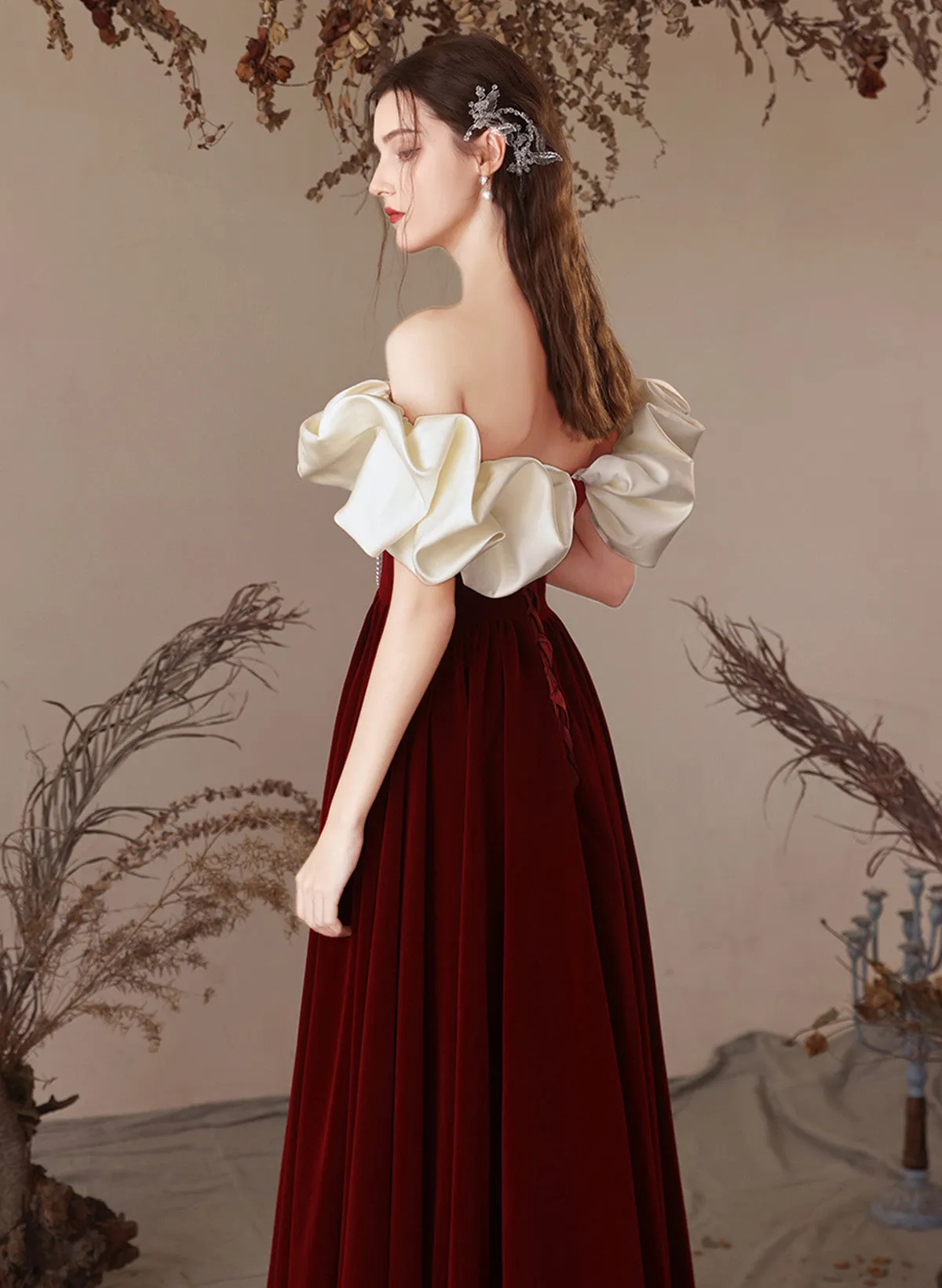 A-line Velvet Wine Red Sweetheart Off Shoulder Prom Dress, Wine Red Party Dress