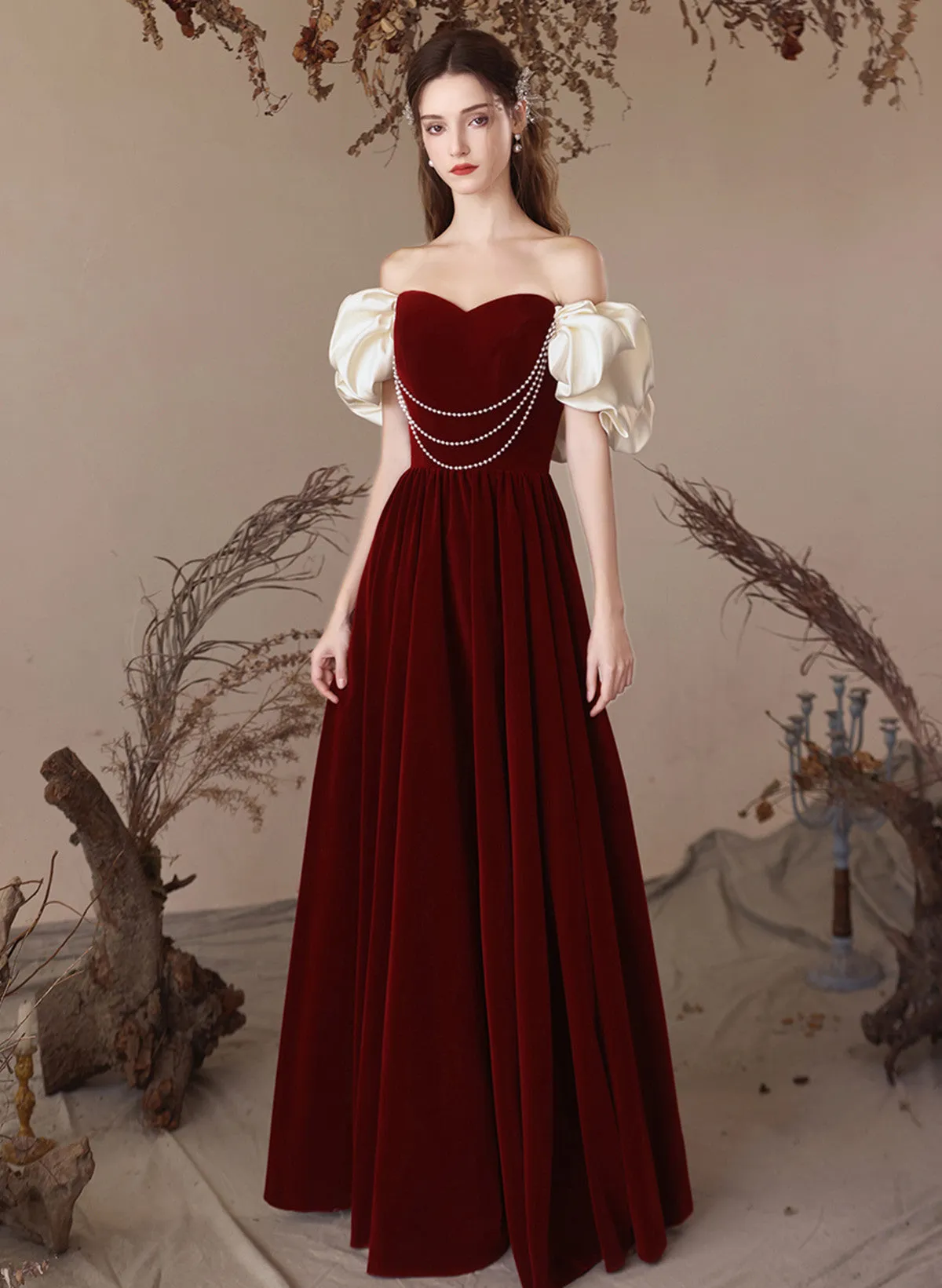 A-line Velvet Wine Red Sweetheart Off Shoulder Prom Dress, Wine Red Party Dress