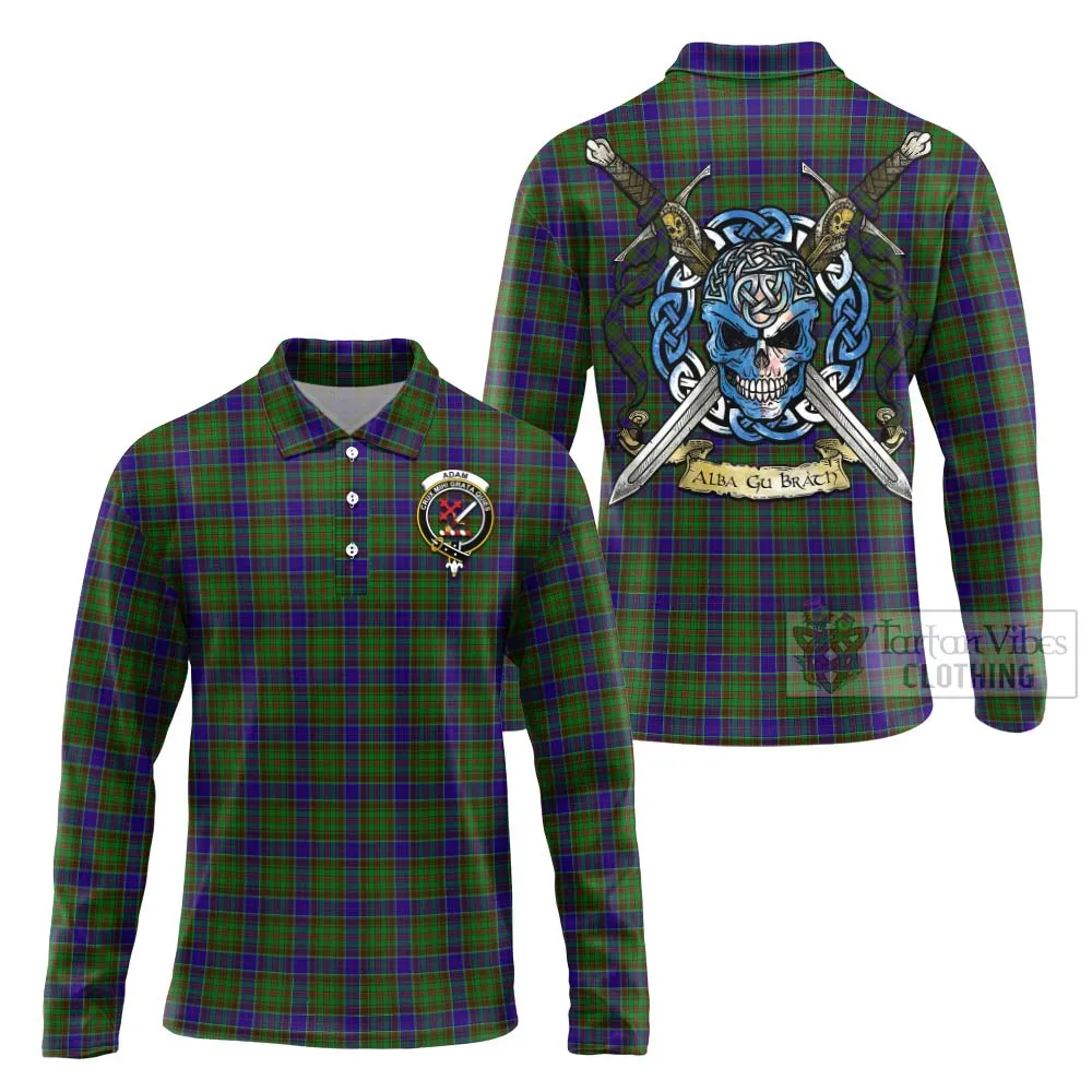 Adam Tartan Long Sleeve Polo Shirt with Family Crest Celtic Skull Style