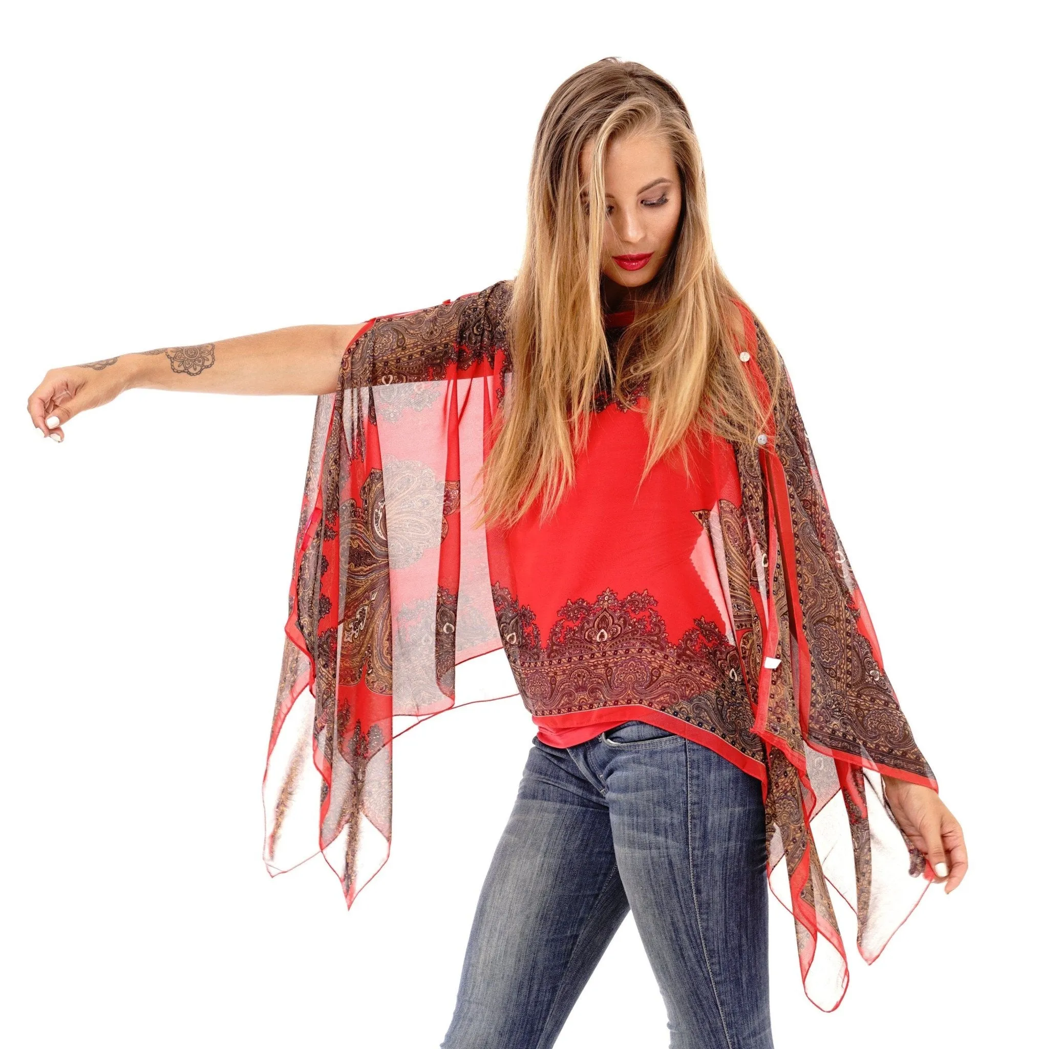 Addison Handkerchief Poncho Top Sheer Flowy Blouse