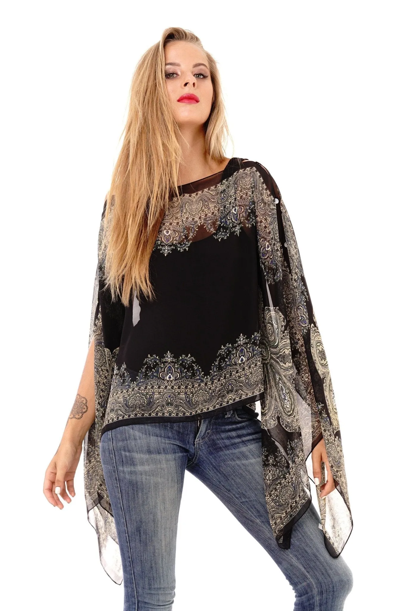 Addison Handkerchief Poncho Top Sheer Flowy Blouse