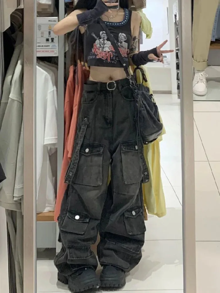 Aiertu Y2k Cargo Jeans Pants Women Rave Pants Street Oversize Loose Wide-leg Pockets Female Pant Vintage Hip Hop Denim Trousers