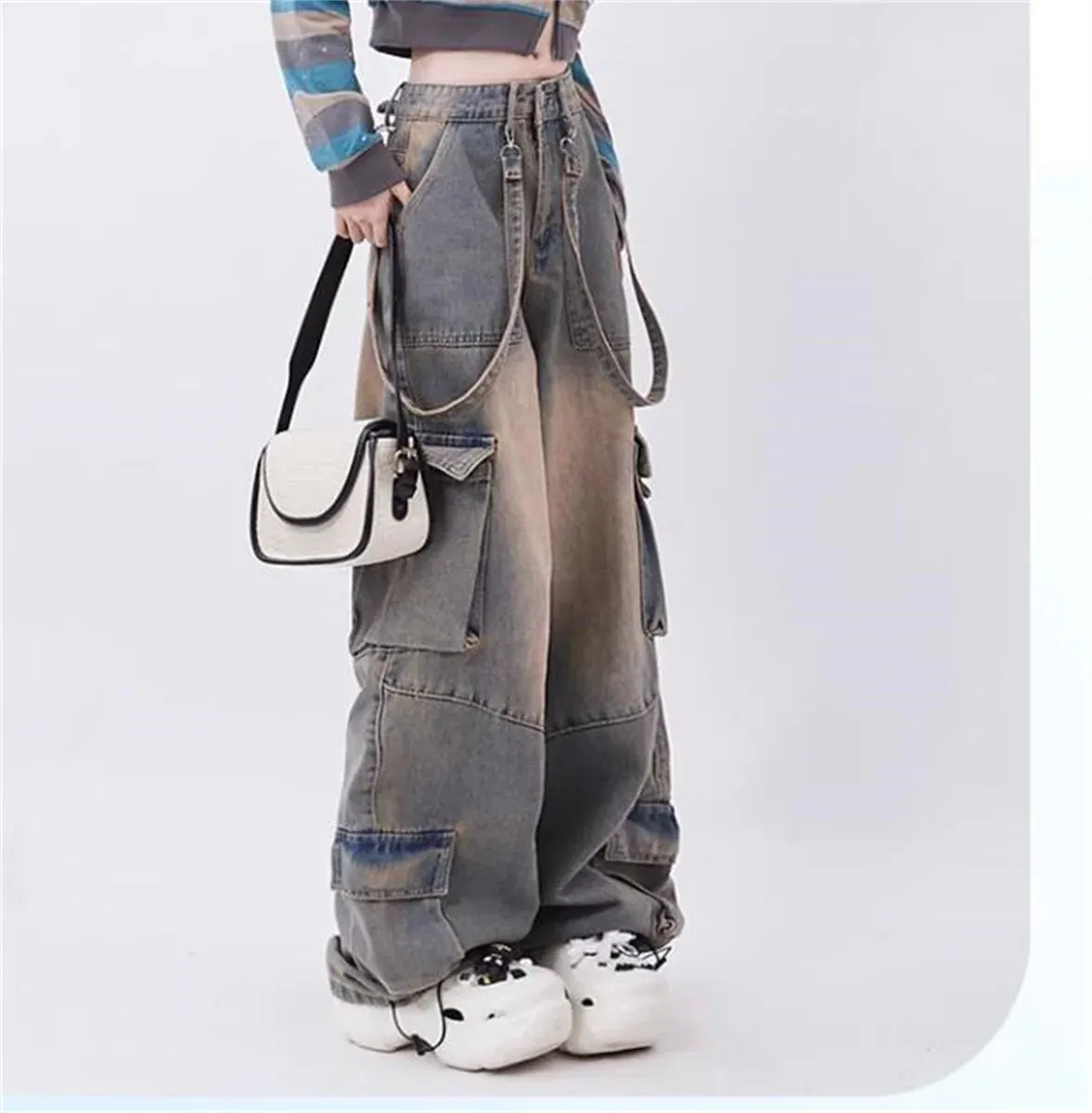 Aiertu Y2k Cargo Jeans Pants Women Rave Pants Street Oversize Loose Wide-leg Pockets Female Pant Vintage Hip Hop Denim Trousers