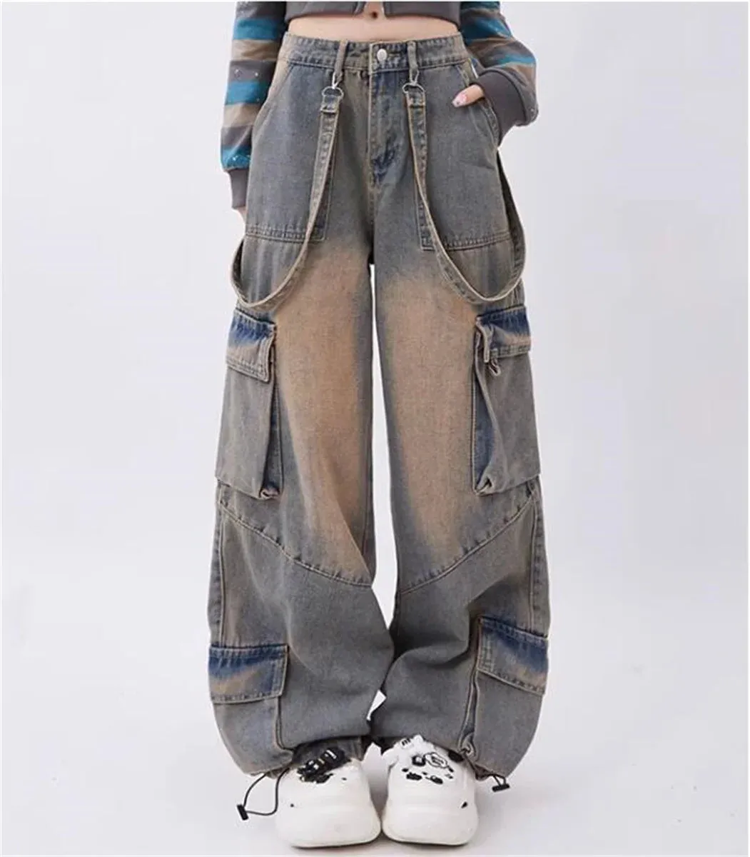 Aiertu Y2k Cargo Jeans Pants Women Rave Pants Street Oversize Loose Wide-leg Pockets Female Pant Vintage Hip Hop Denim Trousers