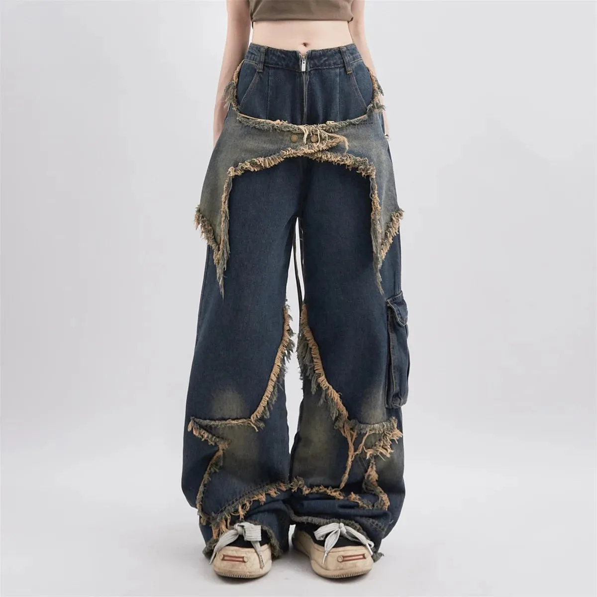 Aiertu Y2k Cargo Jeans Pants Women Rave Pants Street Oversize Loose Wide-leg Pockets Female Pant Vintage Hip Hop Denim Trousers