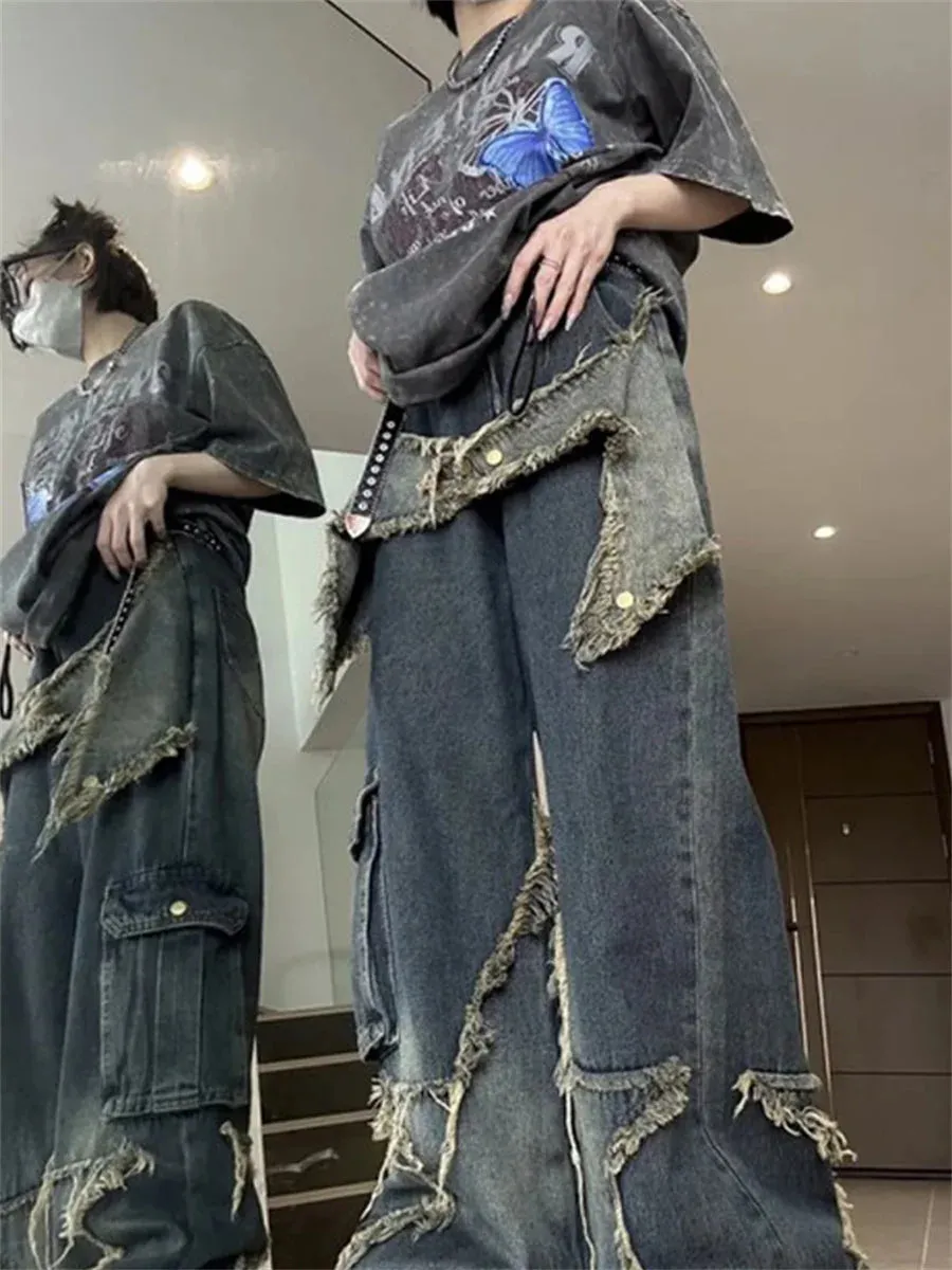 Aiertu Y2k Cargo Jeans Pants Women Rave Pants Street Oversize Loose Wide-leg Pockets Female Pant Vintage Hip Hop Denim Trousers