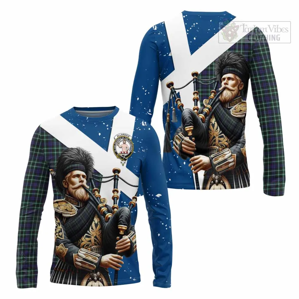 Allardice Tartan Long Sleeve T-Shirt with Family Crest Scottish Bagpiper Vibes