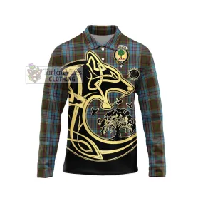 Anderson Tartan Long Sleeve Polo Shirt with Family Crest Celtic Wolf Style