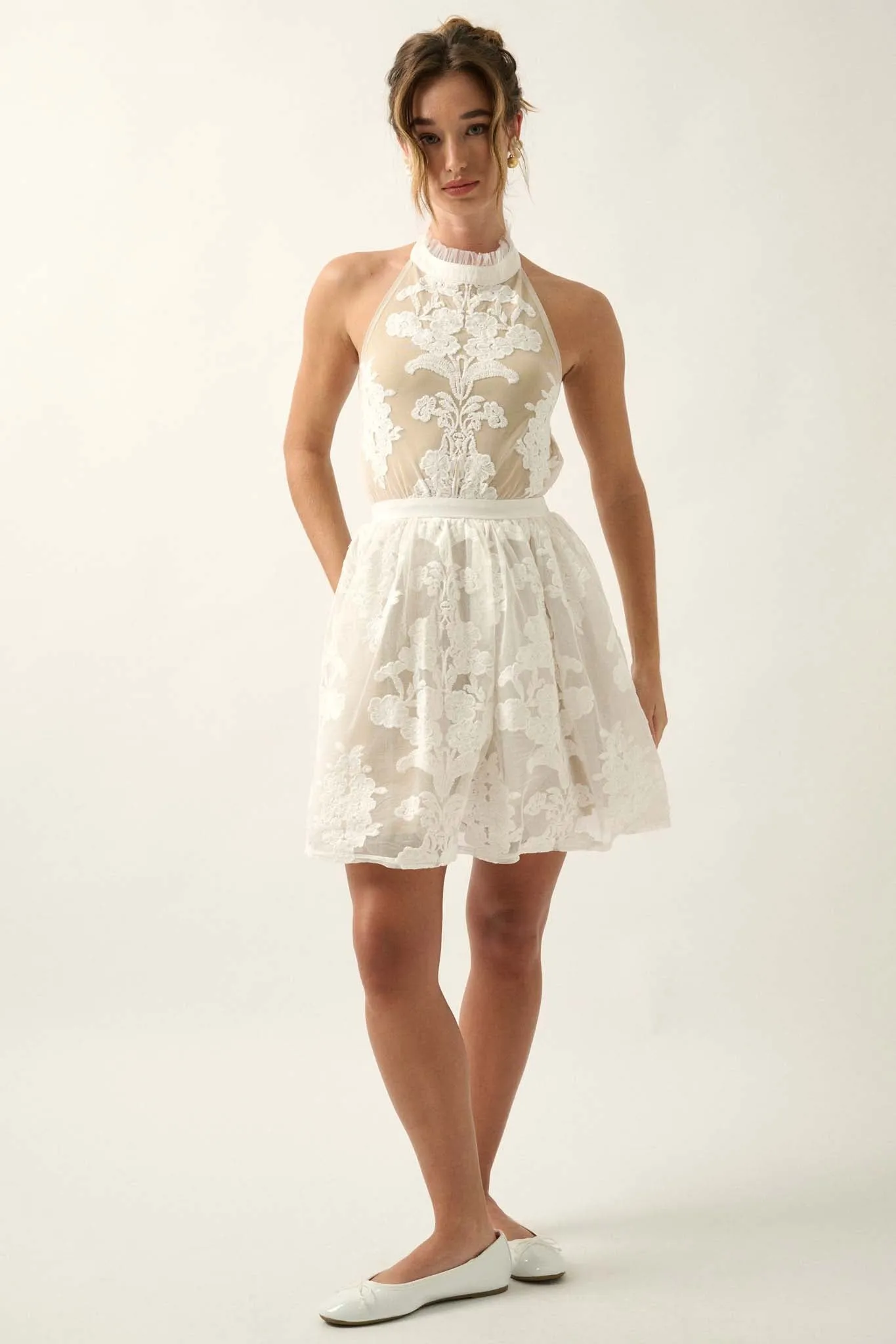 Angelic Beauty Layered Lace Halter Mini Dress