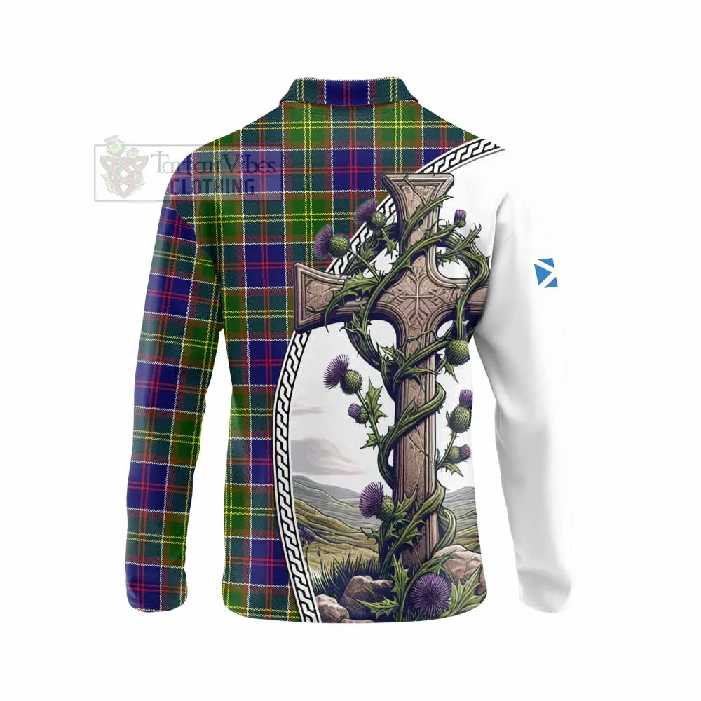 Arnott Tartan Long Sleeve Polo Shirt with Family Crest and St. Andrew's Cross Accented by Thistle Vines