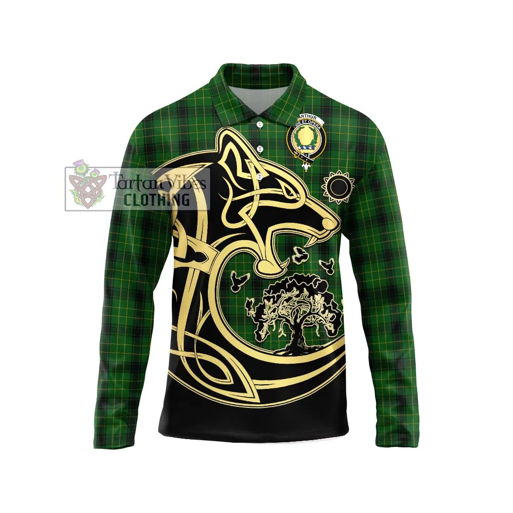 Arthur Highland Tartan Long Sleeve Polo Shirt with Family Crest Celtic Wolf Style