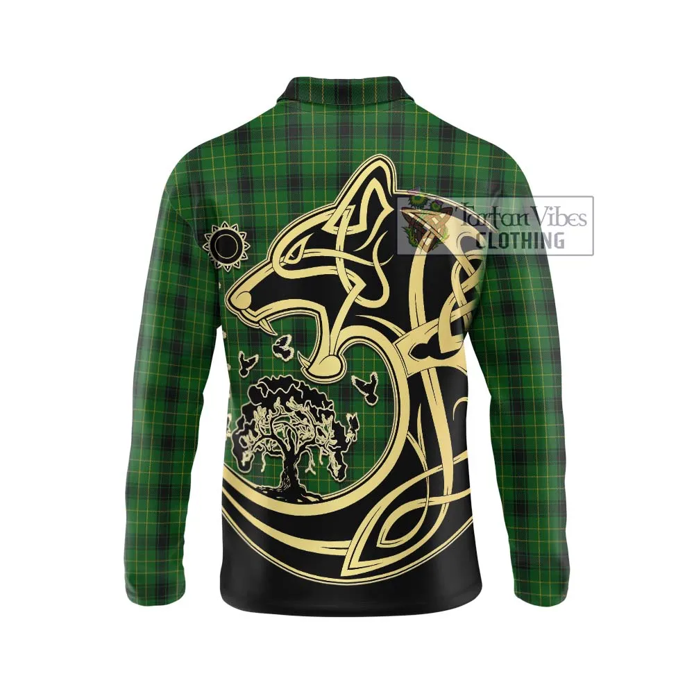 Arthur Highland Tartan Long Sleeve Polo Shirt with Family Crest Celtic Wolf Style