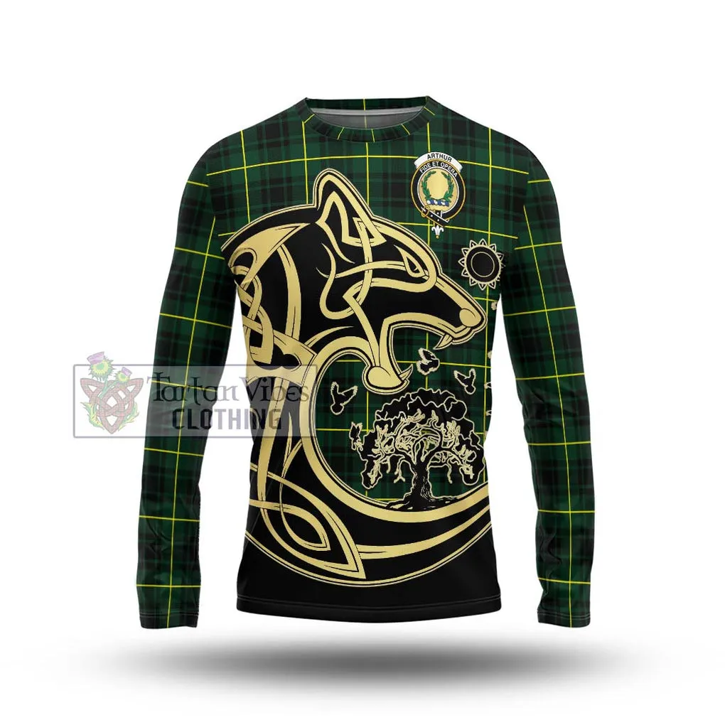 Arthur Modern Tartan Long Sleeve T-Shirt with Family Crest Celtic Wolf Style