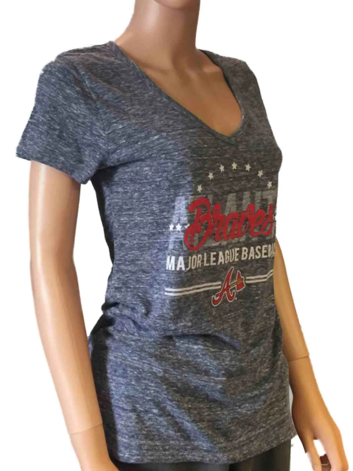 Atlanta Braves SAAG Women Navy Loose Soft Baseball V-Neck T-Shirt