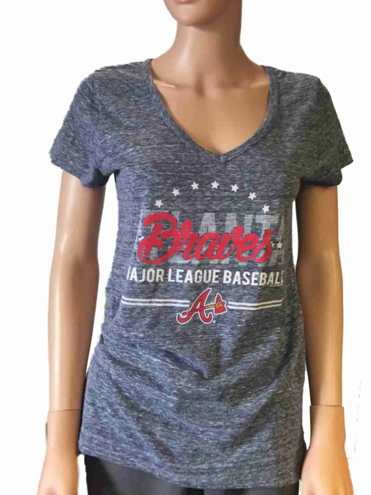 Atlanta Braves SAAG Women Navy Loose Soft Baseball V-Neck T-Shirt