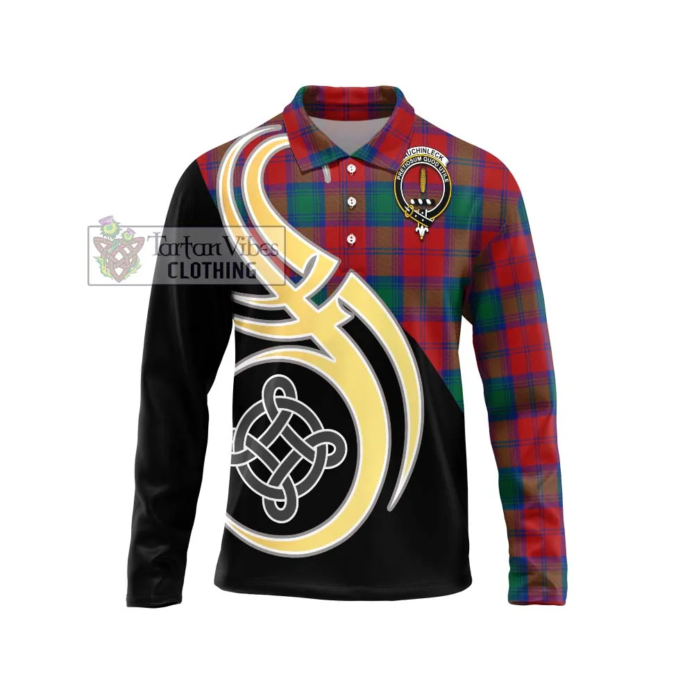 Auchinleck (Affleck) Tartan Long Sleeve Polo Shirt with Family Crest and Celtic Symbol Style