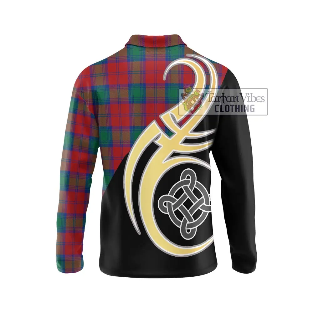 Auchinleck (Affleck) Tartan Long Sleeve Polo Shirt with Family Crest and Celtic Symbol Style