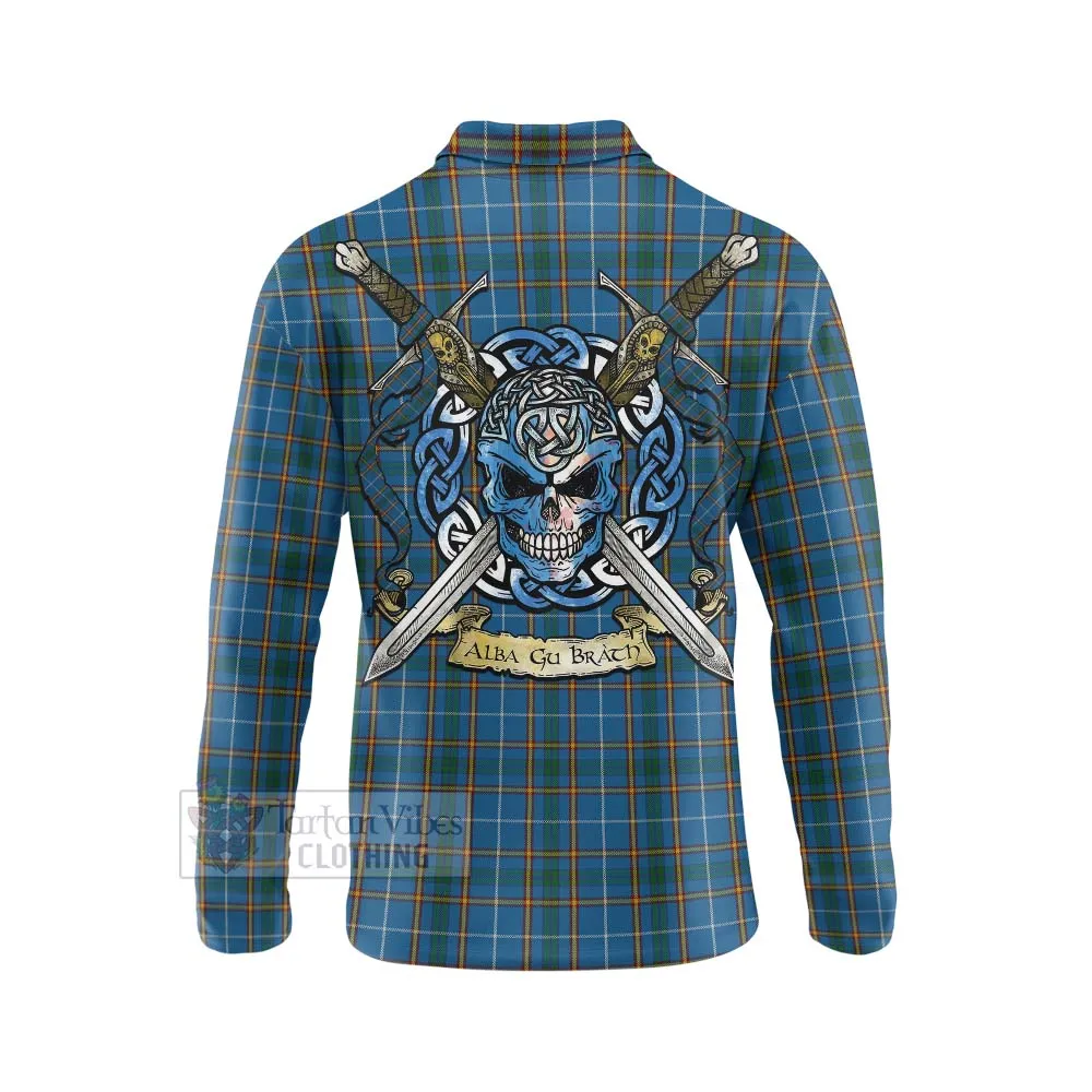 Bain Tartan Long Sleeve Polo Shirt with Family Crest Celtic Skull Style