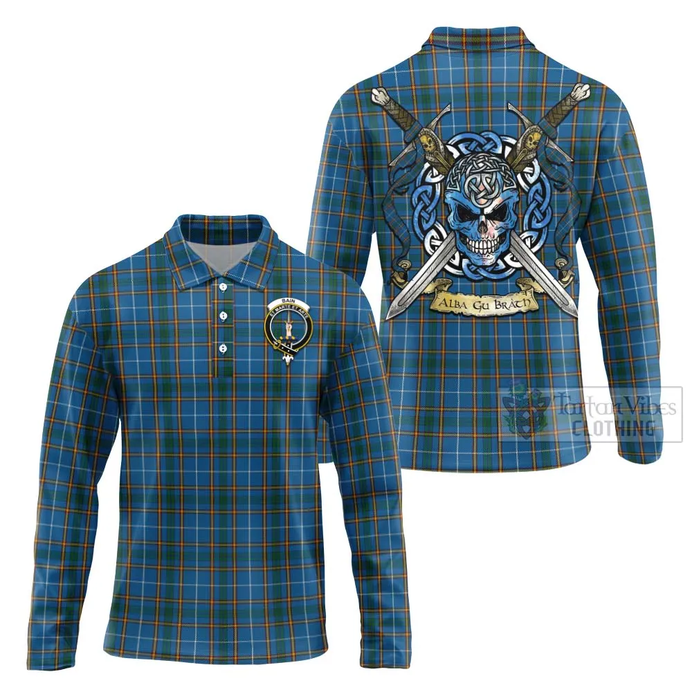 Bain Tartan Long Sleeve Polo Shirt with Family Crest Celtic Skull Style