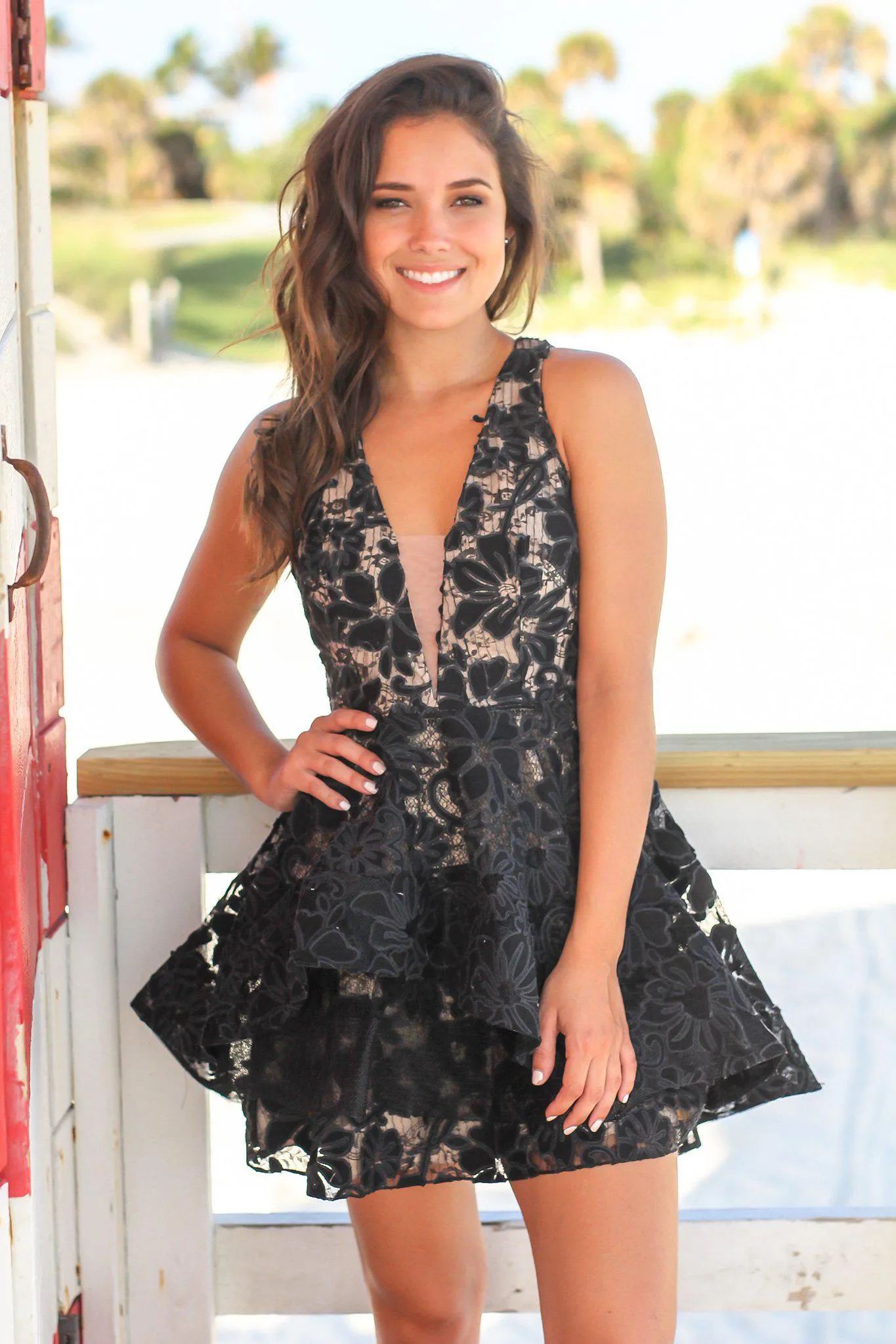 Black and Nude Floral Layered Short Dress