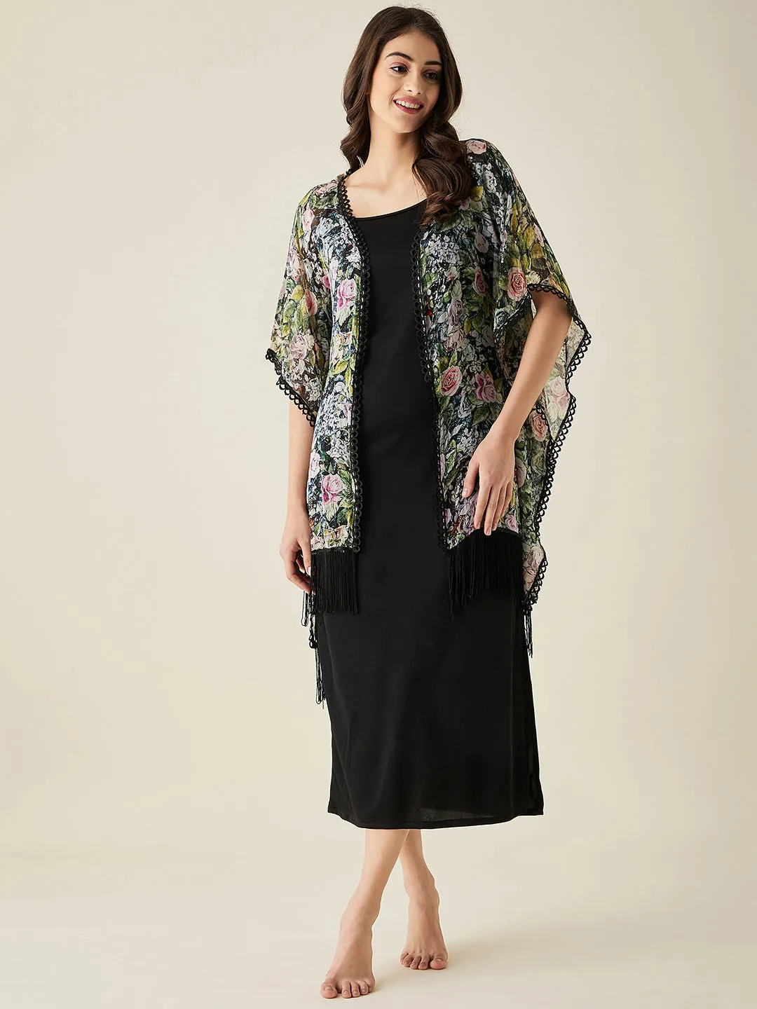 Black Foreset Night Slip And Shrug Set - The Kaftan Company