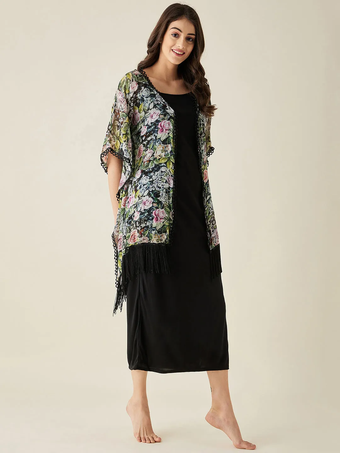 Black Foreset Night Slip And Shrug Set - The Kaftan Company