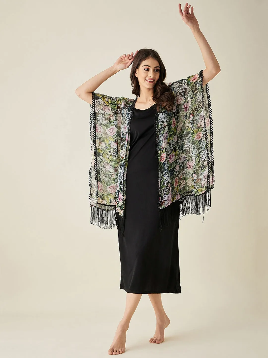 Black Foreset Night Slip And Shrug Set - The Kaftan Company