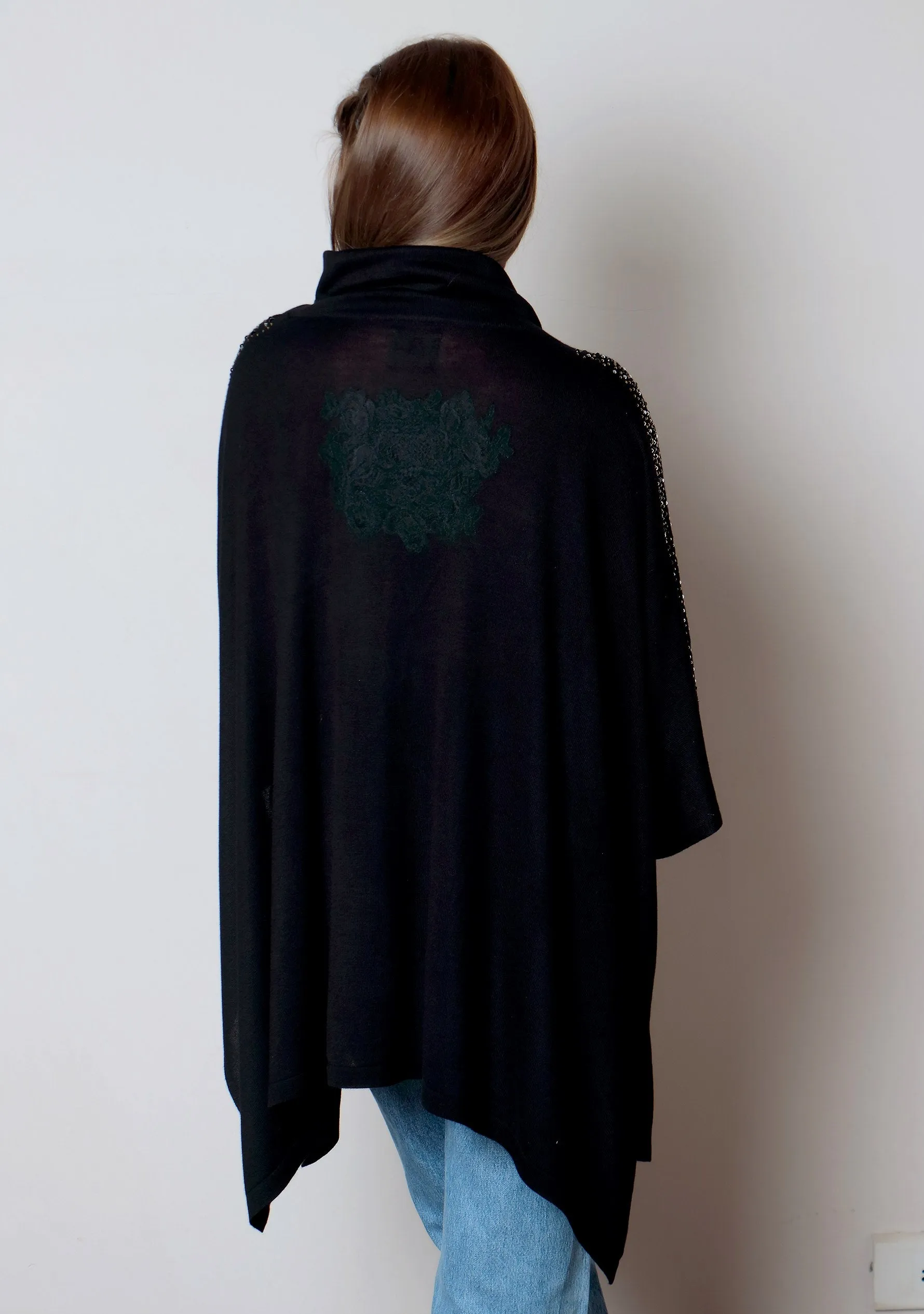 Black Knitted Bamboo Rollneck Poncho with Black Floral Lace Appliques & Multi-Colored Swarovski Crystals