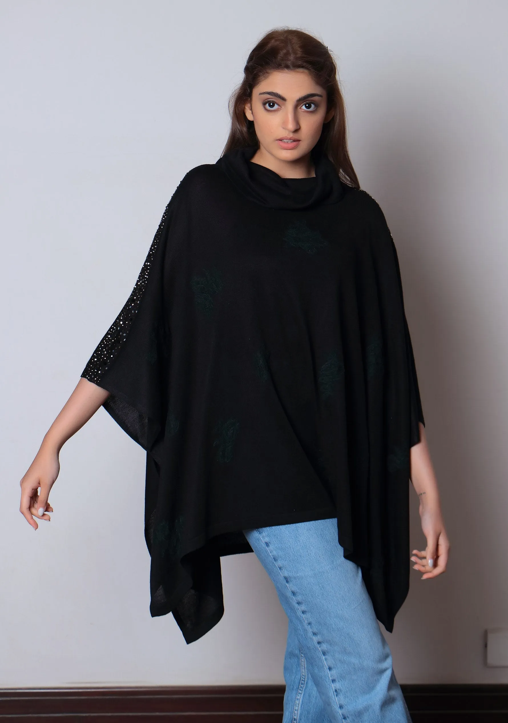 Black Knitted Bamboo Rollneck Poncho with Black Floral Lace Appliques & Multi-Colored Swarovski Crystals