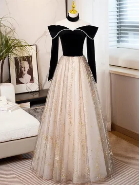 Black Long Sleeves Velvet ane Tulle Long Party Derss, Black Off Shoulder Prom Dress