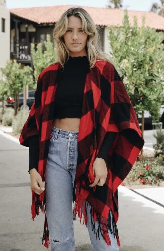 Black Red Buffalo Plaid Check Checkered Poncho Fringe Wrap - One Size