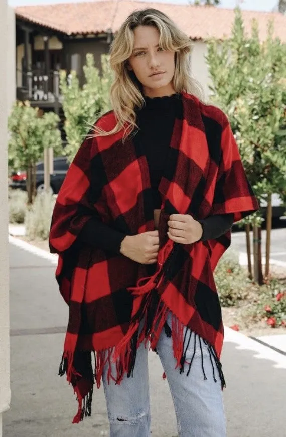 Black Red Buffalo Plaid Check Checkered Poncho Fringe Wrap - One Size