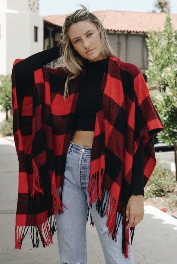 Black Red Buffalo Plaid Check Checkered Poncho Fringe Wrap - One Size