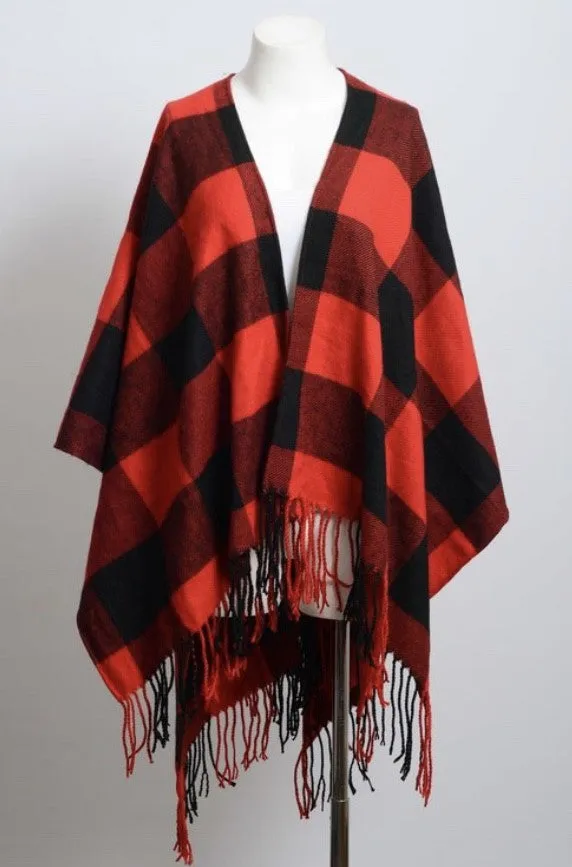 Black Red Buffalo Plaid Check Checkered Poncho Fringe Wrap - One Size