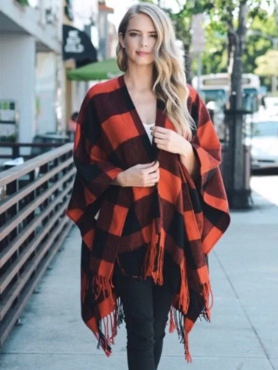 Black Red Buffalo Plaid Check Checkered Poncho Fringe Wrap - One Size