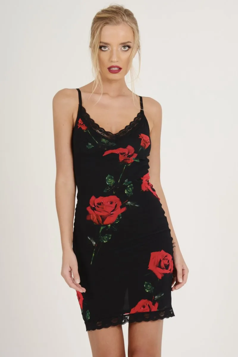 Black Rose Print Lace Trim Slip Dress - Martina