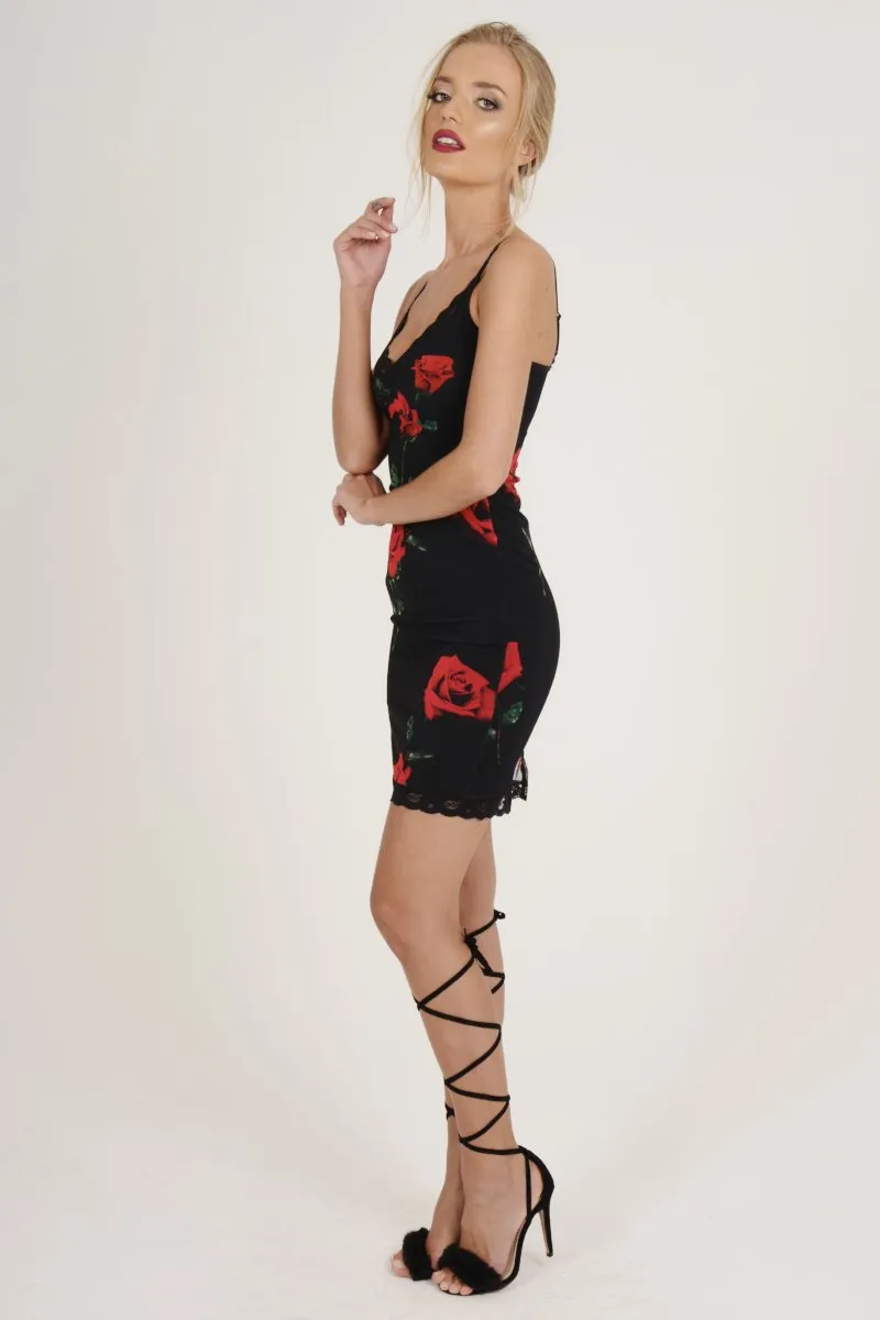 Black Rose Print Lace Trim Slip Dress - Martina