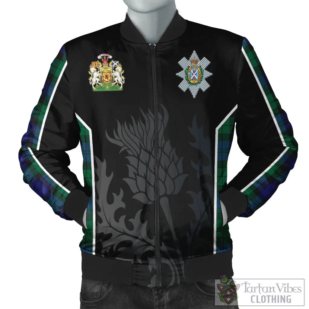 Black Watch Modern Tartan Bomber Jacket with Family Crest and Scottish Thistle Vibes Sport Style