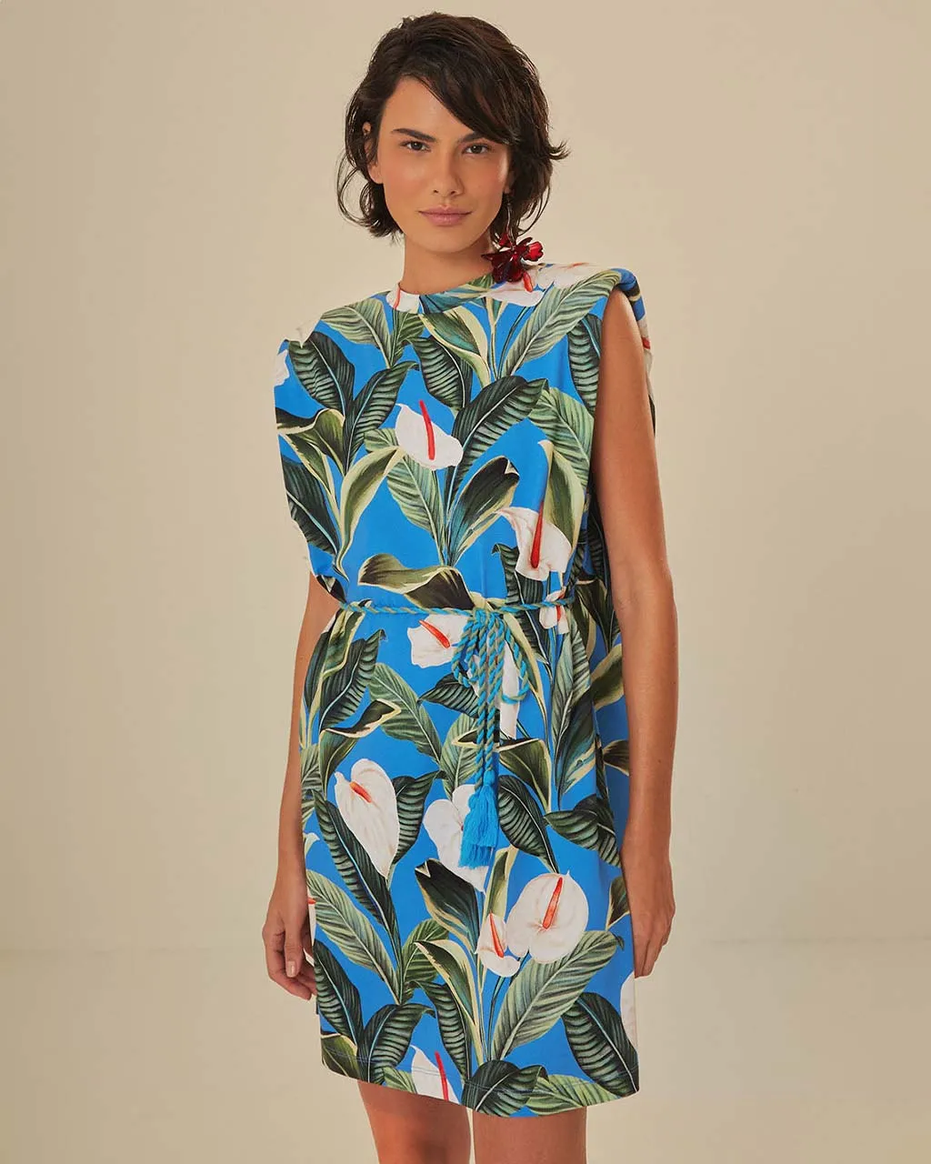 Blue Anthurium Garden Organic Cotton Mini T-Shirt Dress