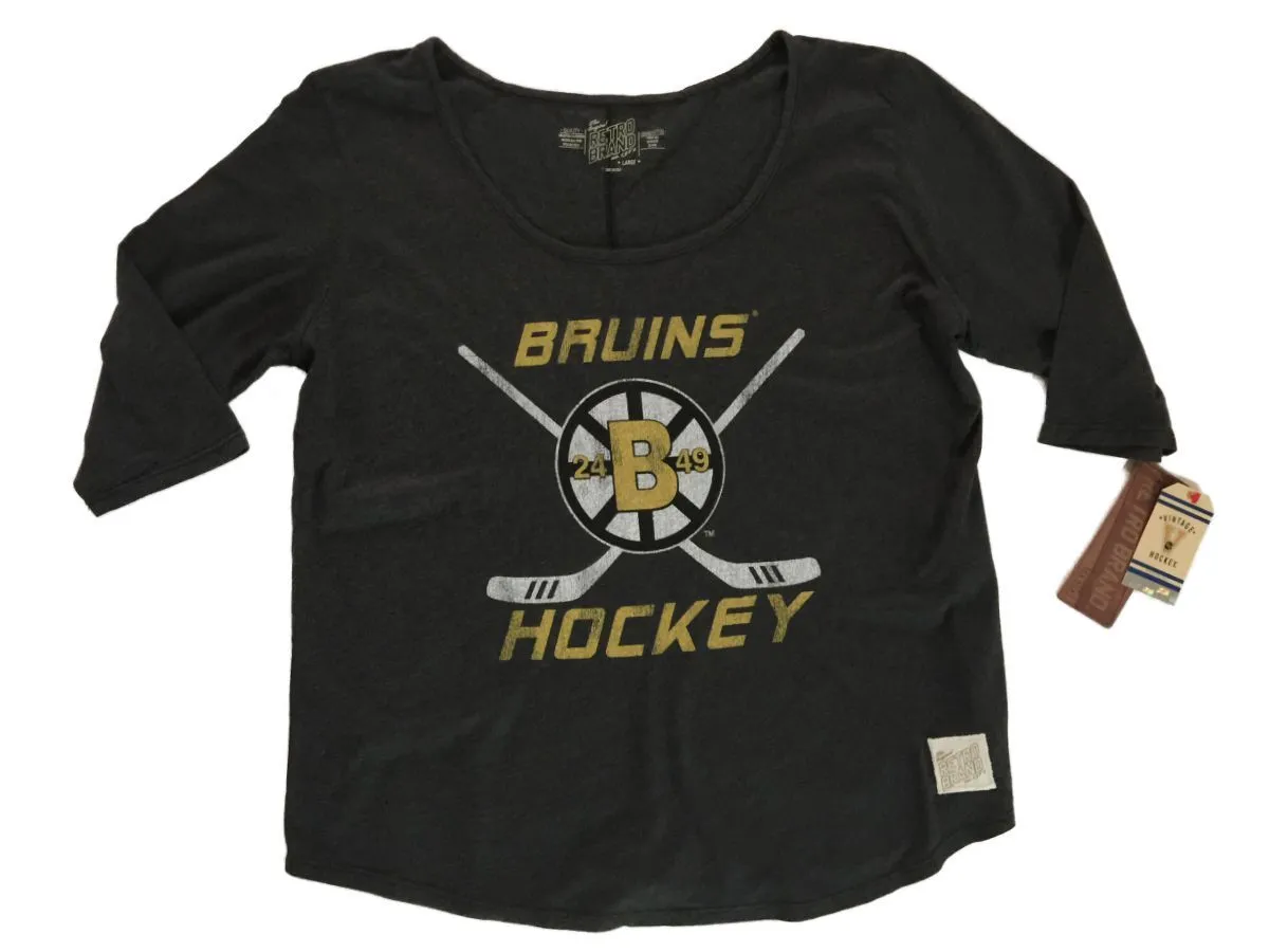 Boston Bruins Retro Brand WOMEN Black Oversized Wide Neck 3/4 Sleeve T-Shirt