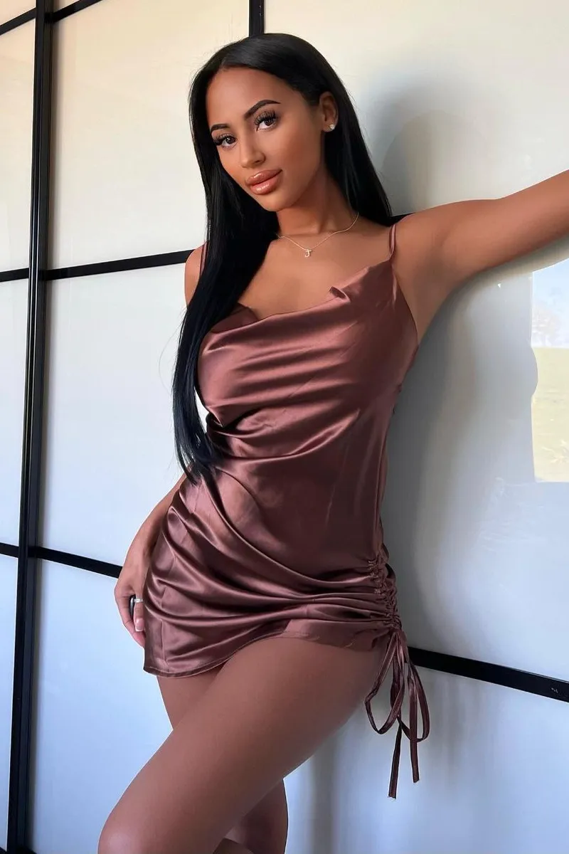 Brown Satin Ruched Side Slip Bodycon Dress - Davie