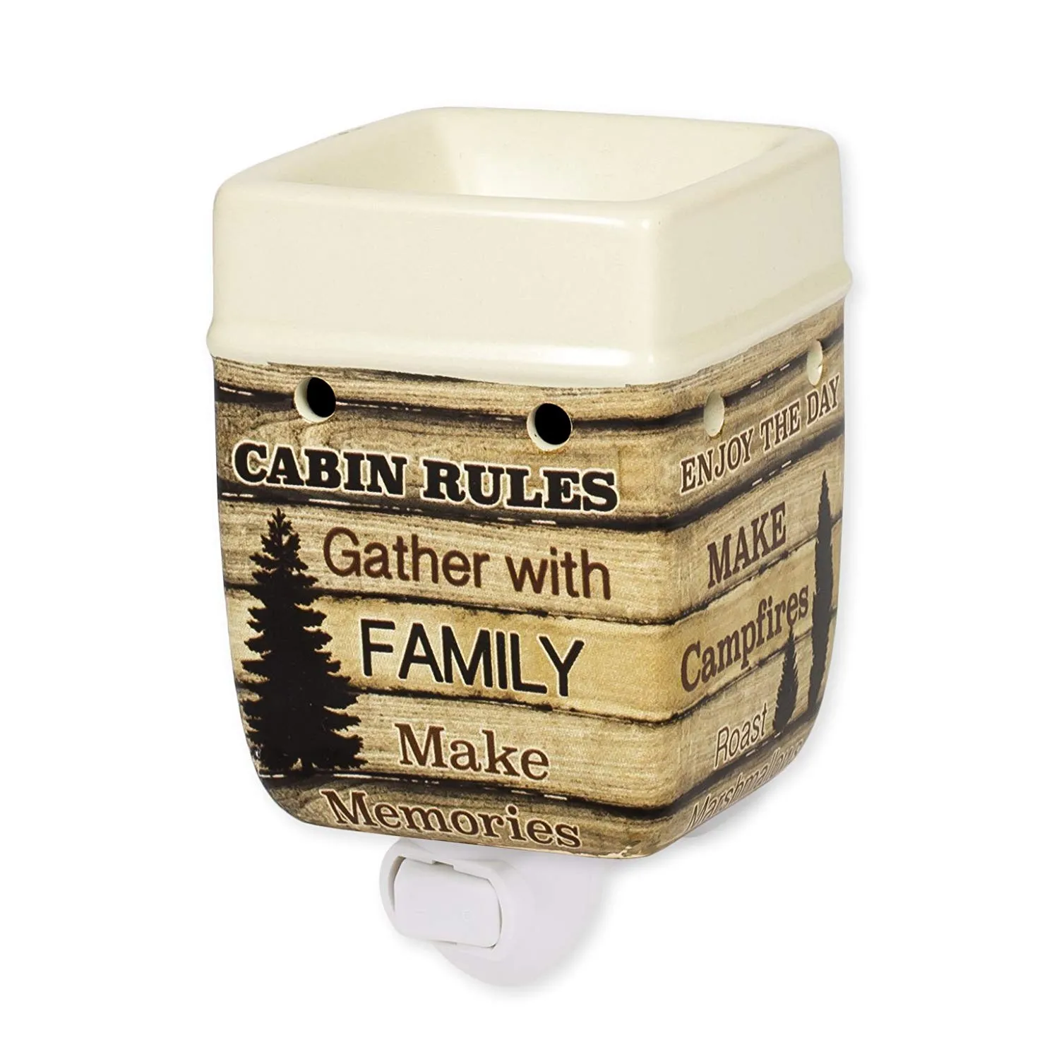 Cabin Rules Rustic Wood Outdoor Design Cream Ceramic Stone Plug-In Warmer