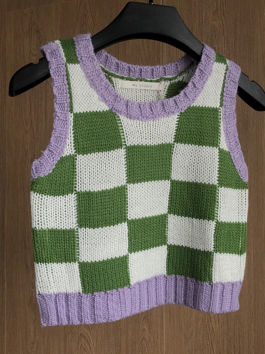 Color Block Ribbed Trimmed Check Knit Vest Cropped Sleeveless Tank Jumper