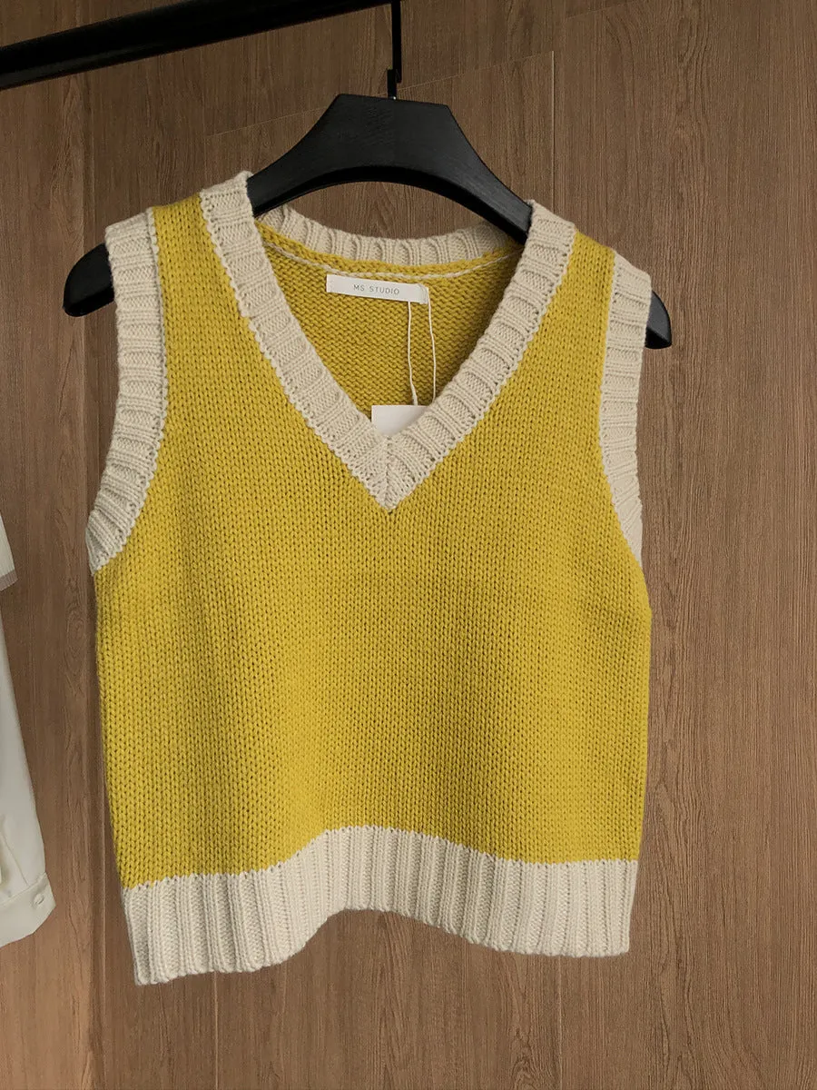 Color Block Ribbed Trimmed Check Knit Vest Cropped Sleeveless Tank Jumper